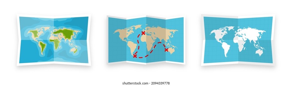 Folded World Maps In A Flat Style. Simplified Paper Map With Shadow. Navigation, Route And Road Trip Planning. Vector Illustration.
