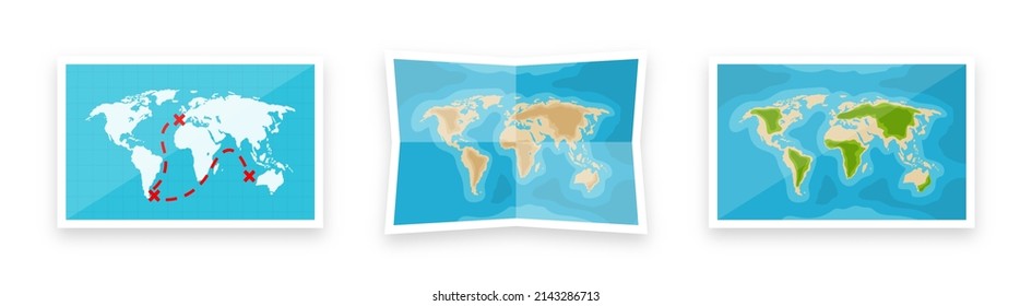 Folded World Maps In A Flat Style. Simplified Paper Map With Shadow. Navigation, Route And Road Trip Planning. Vector Illustration.