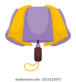 Сparaguas amarillo violeta doblado cerrado. Sombrilla de temporada lluviosa. Protección de accesorios. Otoño, primavera. Dibujado a mano Ilustración vectorial de color en estilo plano aislado sobre fondo blanco.