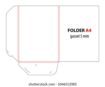 Folder with 5 millimeter gusset. Die cut stamp. Empty shablon template for A4 documents and business card with lock. Vector black isolated circuit, line folder on white background. Folder mock up.