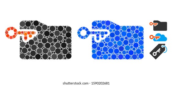 Folder access key composition of filled circles in variable sizes and color tinges, based on folder access key icon. Vector small circles are grouped into blue composition.