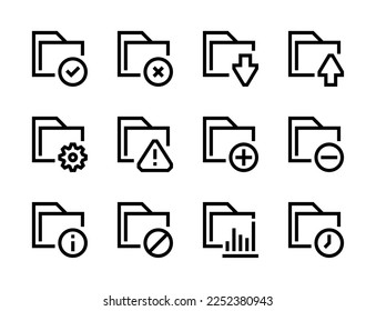 Folder and archive settings line vector icons. File library and data directory editable stroke outline icon set.