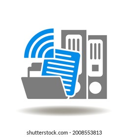 Folder binder or directory with document paper list and wifi wireless radio signal vector illustration. DMS Data Management System Icon. Datum Information Technology Symbol.