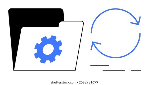 Folder with blue gear icon next to circular refresh symbol. Ideal for data synchronization, file management, software updates, efficiency, cloud storage, system maintenance, technology services