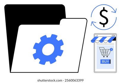 Folder with blue gear symbol, dollar sign with arrows indicating transactions, mobile device with shopping cart and buy button. Ideal for e-commerce, online shopping, payment processing, file