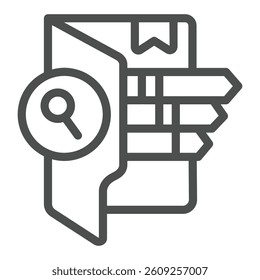 Folder with bookmarks and magnifier line icon, neural dataset concept. Vector graphics. Search data by category sign on white background, outline style icon for mobile or web design
