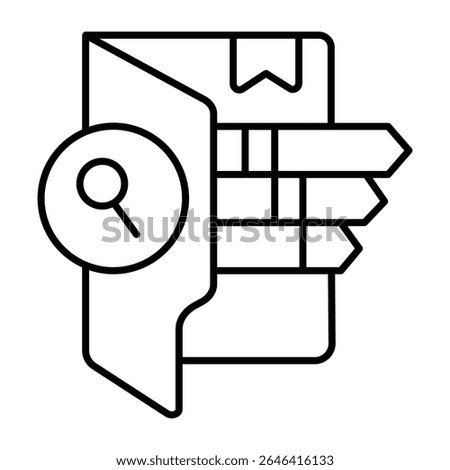 Folder with bookmarks and magnifier thin line icon, neural dataset concept. Vector graphics. Search data by category sign on white background, style mobile or design