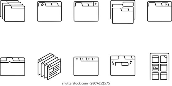 Folder and browser tab icons set, overlapping folders, star folder, add, delete, tabbed windows, stacked layouts, grid interface