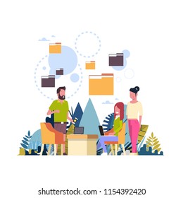 folder bubbles database man woman communication data privacy concept background flat vector illustration