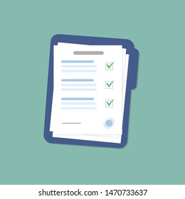 Folder with business paper documents on blue in flat style, stock vector illustration