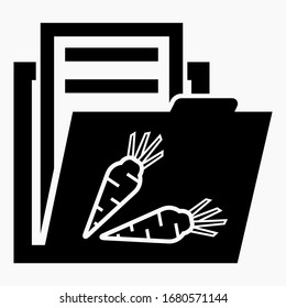 Folder and carrot icon. Illustration of documents on vegetarianism, veganism. Bills for a restaurant, cafe. Bookkeeping cafe, restaurant. Vector icon.