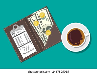 Folder with cash coins and cashier check. Coffee cup. Thanks for the service in the restaurant. Money for servicing. Good feedback about the waiter. Gratuity concept. Vector illustration in flat style