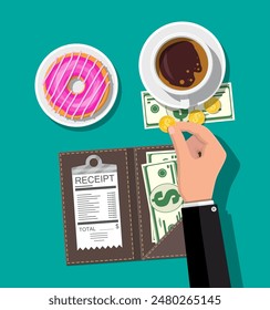 Folder with cash coins and cashier check. Coffee cup, donut. Thanks for the service in the restaurant. Money for servicing. Good feedback about waiter. Gratuity concept. Vector illustration flat style