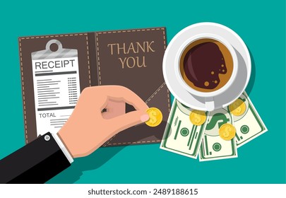 Folder with cash coins and cashier check. Coffee cup. Thanks for the service in the restaurant. Money for servicing. Good feedback about the waiter. Gratuity concept. Vector illustration in flat style