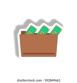 folder and cash Vector illustration in paper sticker style of money in the folder