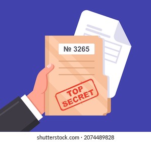 Folder With Classified Documents. Hold Dirt In Your Hand. State Secret. Flat Vector Illustration