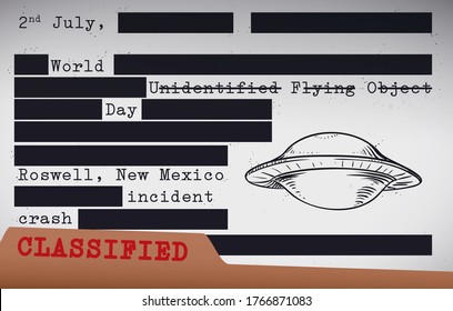 
Folder With Classified Tag, File With Banned Text And Flying Saucer Draw, Commemorating World UFO Day And The Roswell Incident In New Mexico The 2nd July.