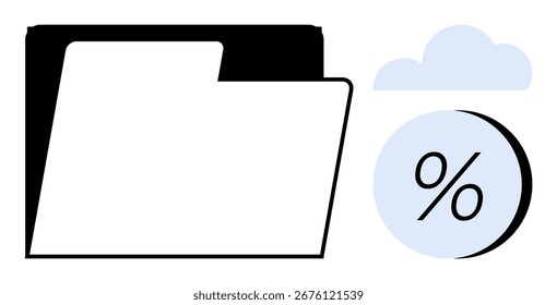 Folder, cloud, and percentage sign symbolizing modern data management and cloud storage. Ideal for technology, file organization, cloud computing, data analysis, digital storage, business