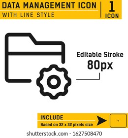 Folder with cogwheel icon isolated on white background. Project Management icon, data management, project goals, task management vector icon with line style. Design for business. Editable stroke