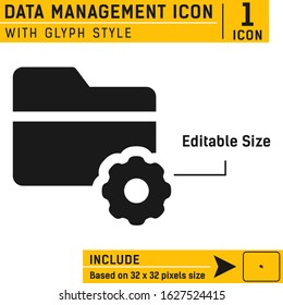 Folder with cogwheel icon isolated on white background. Project Management icon, data management, project goals, task management vector icon with glyph style. Design for business. Editable size