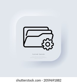 Folder with cogwheel icon. Project management concept. Data management, project goals, task sign with settings sign. Neumorphic UI UX white user interface web button. Neumorphism. Vector illustration.