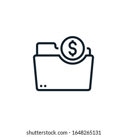Carpeta con icono de moneda, dinero, esquema del documento.ilustración vectorial. Trazo editable. Iconos de esquema adecuados para web, infografías, interfaces y aplicaciones.
