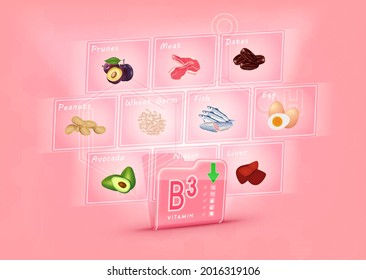 Folder collect vitamin B3 pink. There is a screen projecting out pictures of fruits and vegetables. Vitamin that neutralize free radicals. Anti aging beauty concept and health care. 3D vector EPS10.