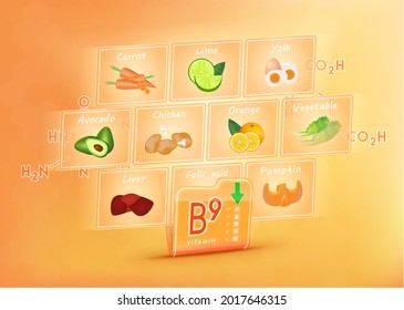 Folder collect vitamin B9 orange. There is a screen projector out pictures of fruits and vegetables. Vitamin that neutralize free radicals. Anti aging beauty concept and health care. 3D vector EPS10.