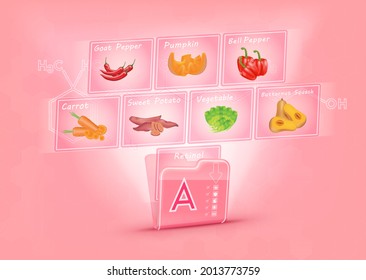 Ordner sammeln Vitamin A rosa. Es gibt einen Bildschirm, der Bilder von Obst und Gemüse projiziert. Vitamin, das freie Radikale neutralisiert. Anti-Alterungs-Beauty-Konzept und Gesundheitsversorgung. 3D-Vektor EPS10.