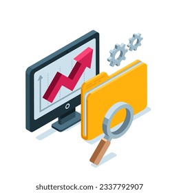 folder and computer isometric icon with arrow and magnifying glass in color on white background, work with data or search and processing