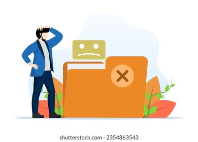 folder concept No data. Data folder is corrupt. missing files. confused characters with missing or non-existent files. Illustration for website, landing page, mobile app, poster and banner.