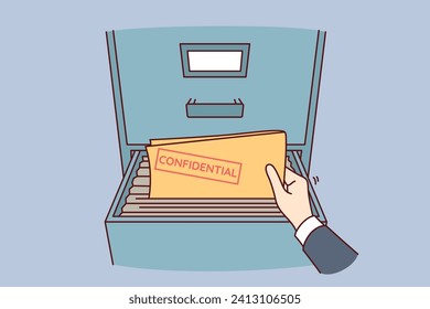 Folder with confidential documents inside safe and hand of person taking out archival papers. Person steals confidential data and commits corporate espionage to obtain insider information.