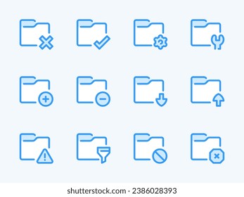 Configuraciones de carpetas e iconos de línea vectorial de directorio de datos. Juego de iconos de esquema Archivo de archivos y documentos. Filtro, advertencia, configuración, configuraciones y más.