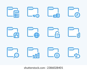 Configuraciones de carpetas e iconos de línea vectorial de directorio de datos. Juego de iconos de esquema Archivo de archivos y documentos.	Cálculo, Tiempo, Finanzas, Acceso, Búsqueda, Información, Notificación y más.