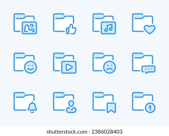 Configuraciones de carpetas e iconos de línea vectorial de directorio de datos. Juego de iconos de esquema Archivo de archivos y documentos. Foto, música, video, notificación, emoción, me gusta y más.