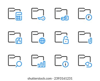 Folder configurations and Data directory vector line icons. Archive of Files and Documents outline icon set.