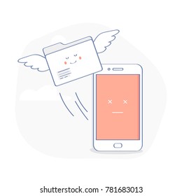 The folder with the data flies away from the dead or broken mobile phone. Data Recovery, Backup, Cloud data Storage icon concept. Flat outline vector illustration on white background.