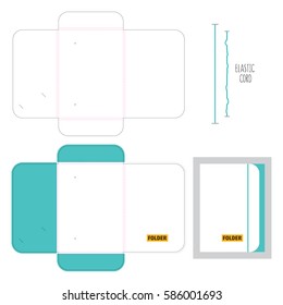 Folder die cut with elastic cord clasp. Empty shablon for blank and card with lock. Stamp. Vector black isolated circuit, line folder on white background. Blue and yellow color. Business style. A4. 