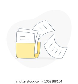Folder with docs, sheets flying out of it, documents flying around. Information loss, data leakage, sharing data concept. Flat outline vector illustration on white background.