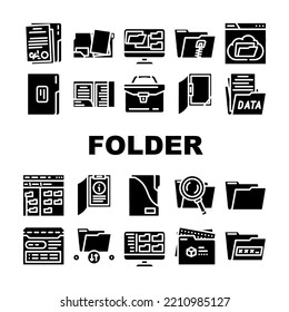 folder document business file icons set vector. office computer, paper data, archive information, storage portfolio, open, web folder document business file glyph pictogram Illustrations