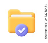Folder with document and check mark notification button. Data storage. security protection concept. 3d vector icon. Cartoon minimal style.