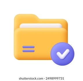 Folder with document and check mark notification button. Data storage. security protection concept. 3d vector icon. Cartoon minimal style.