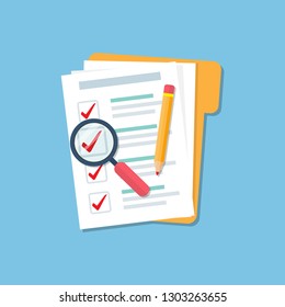 Folder with document checklist, magnify glass and pencil in a flat design. Audit concept.
