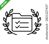 Folder document with checkmarks in laurel wreath line icon for approved files archive management