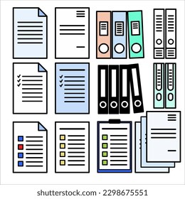 Folder, document file, business paper organizing Icon set in flat design, business chat, flat line-art, vector Illustration