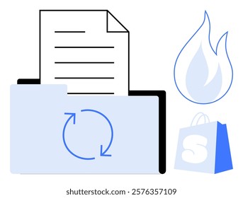 Folder with document, refresh arrows, burning flame, and shopping bag. Ideal for document management, sustainability, e-commerce, organization, and environmental impact. Minimalistic style