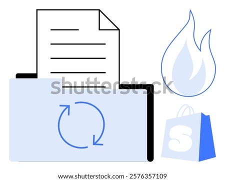 Folder with document, refresh arrows, burning flame, and shopping bag. Ideal for document management, sustainability, e-commerce, organization, and environmental impact. Minimalistic style