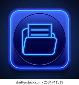 Pasta com vetor de ícone simples de documento. Design plano. Estilo de néon azul no botão. Com shadow.ai