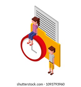 folder document with time clock and people isometric icon