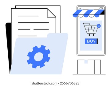 Folder, documents, and gear icon on left, mobile phone screen with shopping cart and Buy button on right. Ideal for business, technology, e-commerce, automation, digital transformation. Simple modern